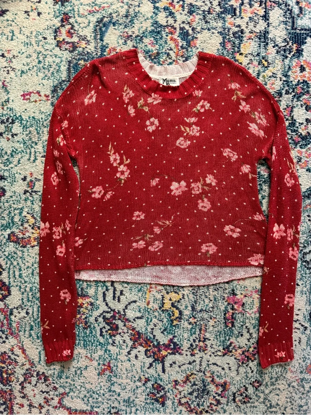Show Me Your Mumu Dotcha Love Me Knit Cropped Varsity Sweater Red Floral S Boho